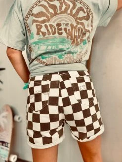 Salty Shreds Checkerboard Denim Shorts - Ladies