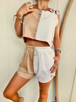 Salty Shreds Colour Block Linen Crop - Ladies